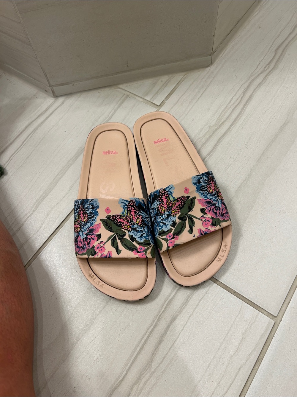 Melissa Beige Slide Sandals with Pink and Blue Floral Print
